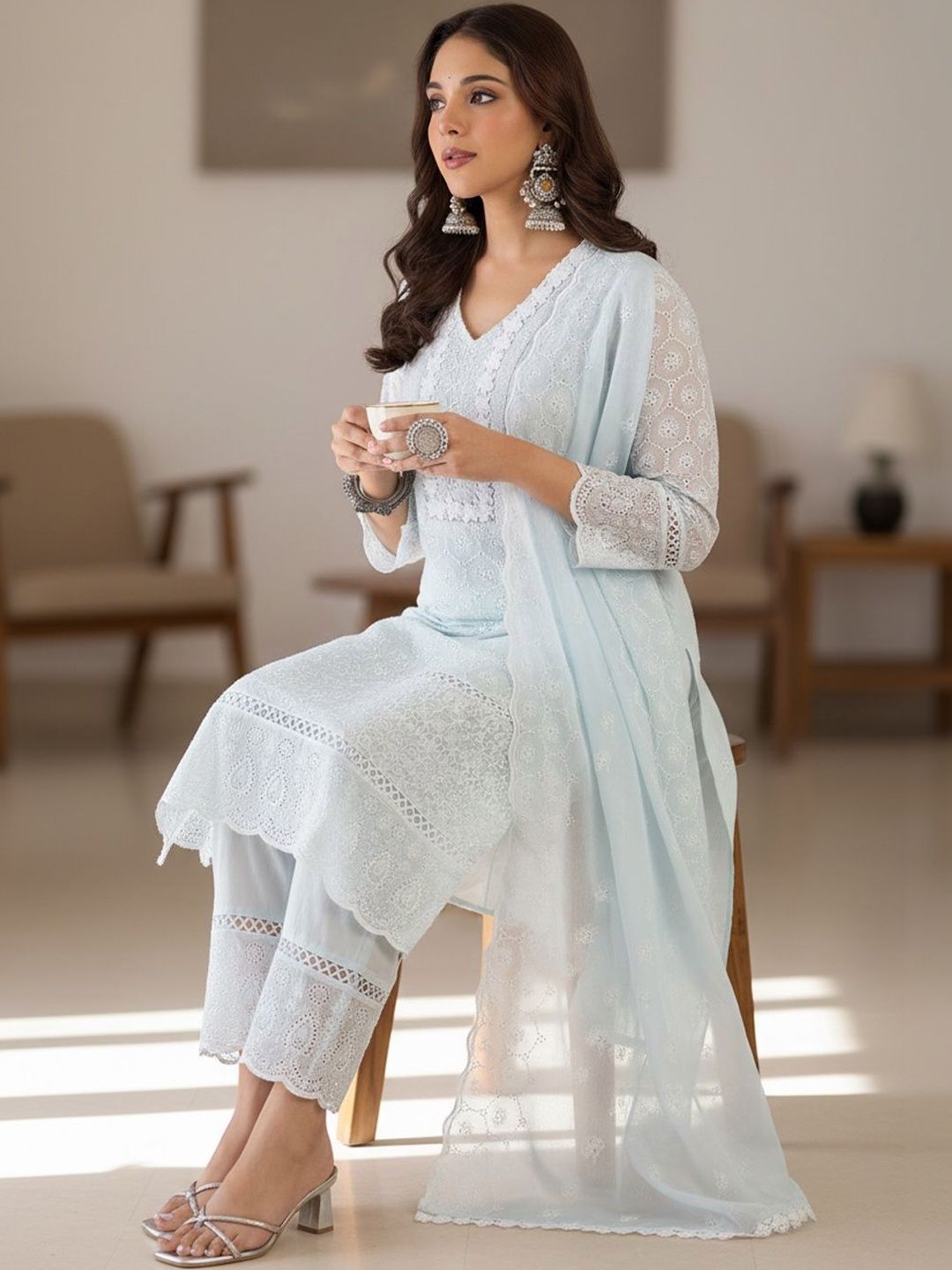 Women Ethnic Motifs Embroidered Regular Thread Work Pure Cotton Kurta with Trousers & With Dupatta