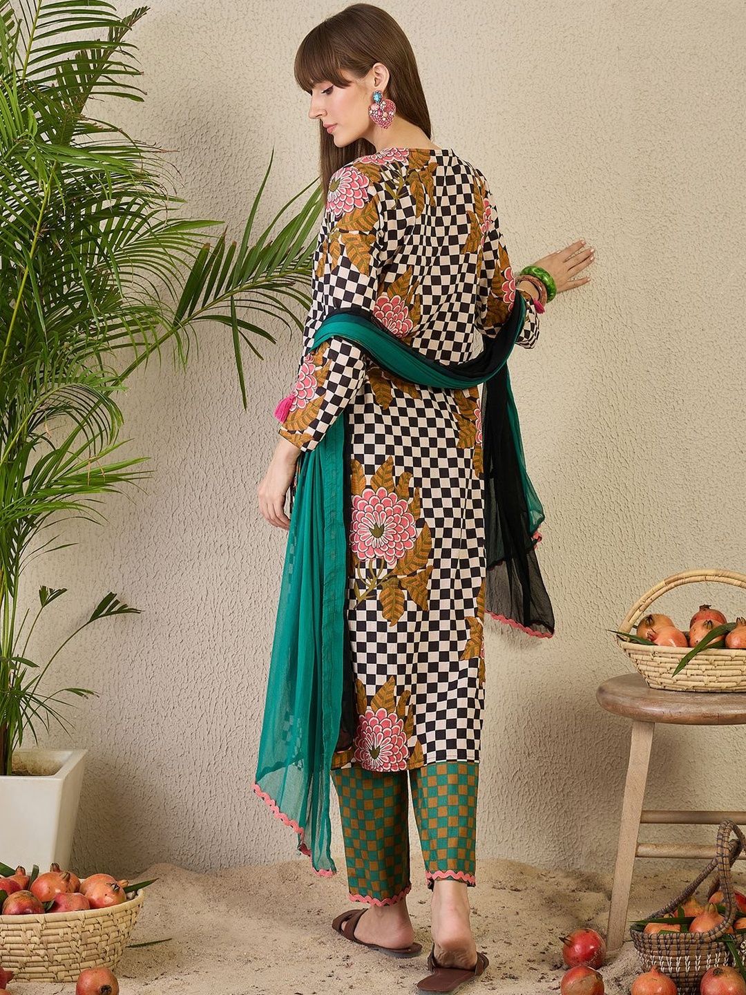 Women Checked Printed Cotton Kurta with Trousers & Dupatta