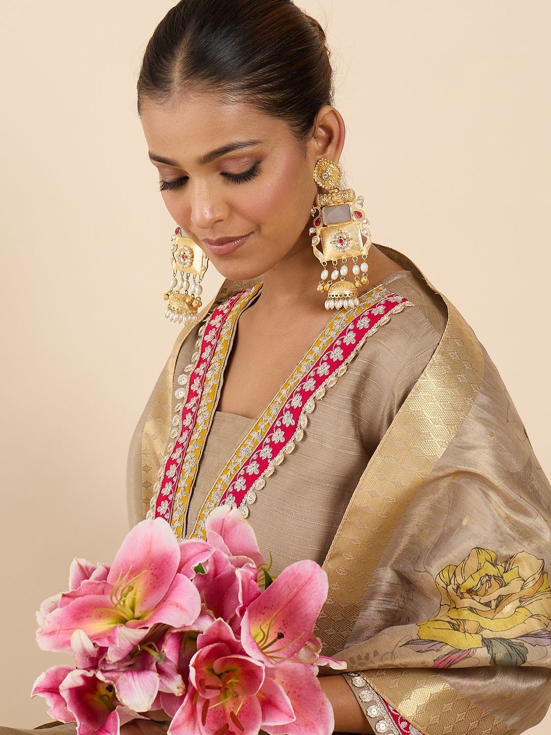 Women Floral Panelled Thread Work Raw Silk Kurta with Trousers & With Dupatta