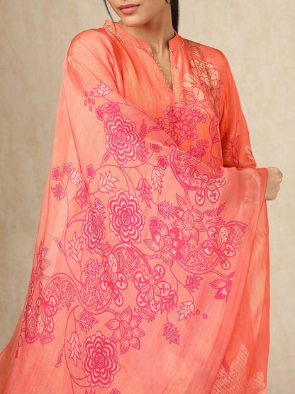 Dhiyona SO Women's Floral Printed Mandarin Collar Beads Work Straight Kurta With Trouser & Dupatta