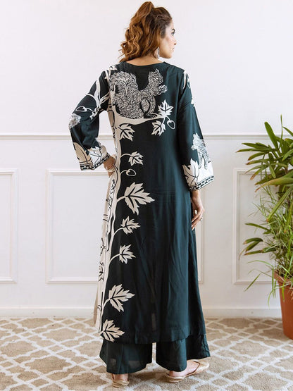 Dhiyona IS Women's Floral Printed V-Neck Flared Sleeves Straight Kurta With Palazzos