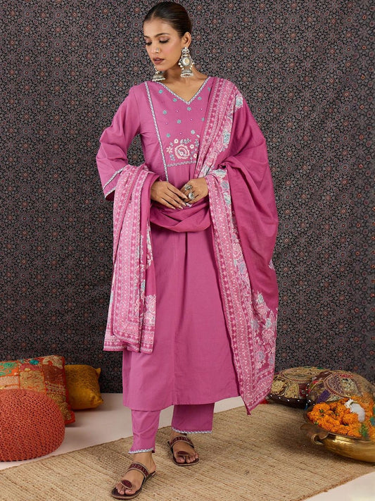 Women Floral Embroidered Regular Thread Work Pure Cotton Kurta with Trousers & With Dupatta