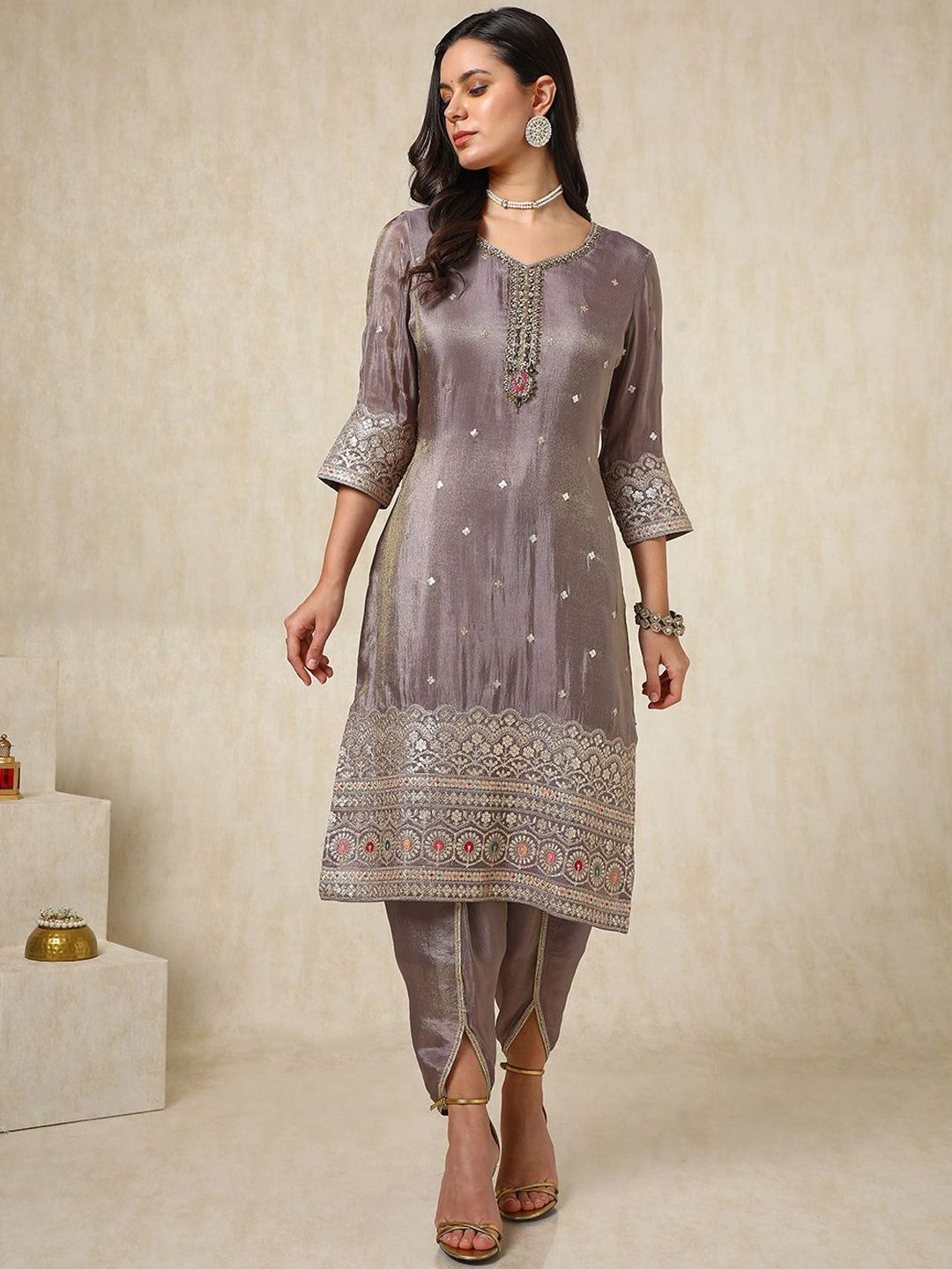 Dhiyona SO Women's Ethnic Motifs Embroidered Sequinned Straight Kurta with Dhoti Pants & Dupatta