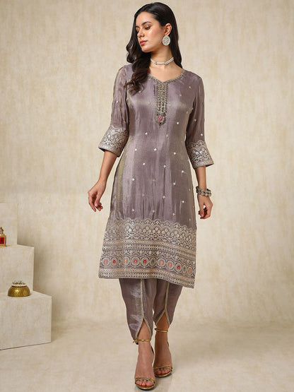 Dhiyona SO Women's Ethnic Motifs Embroidered Sequinned Straight Kurta with Dhoti Pants & Dupatta