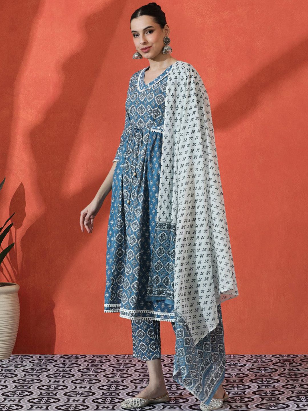 Dhiyona SN Women's Floral Embroidered A-Line Pure Cotton Kurta With Trousers & Dupatta