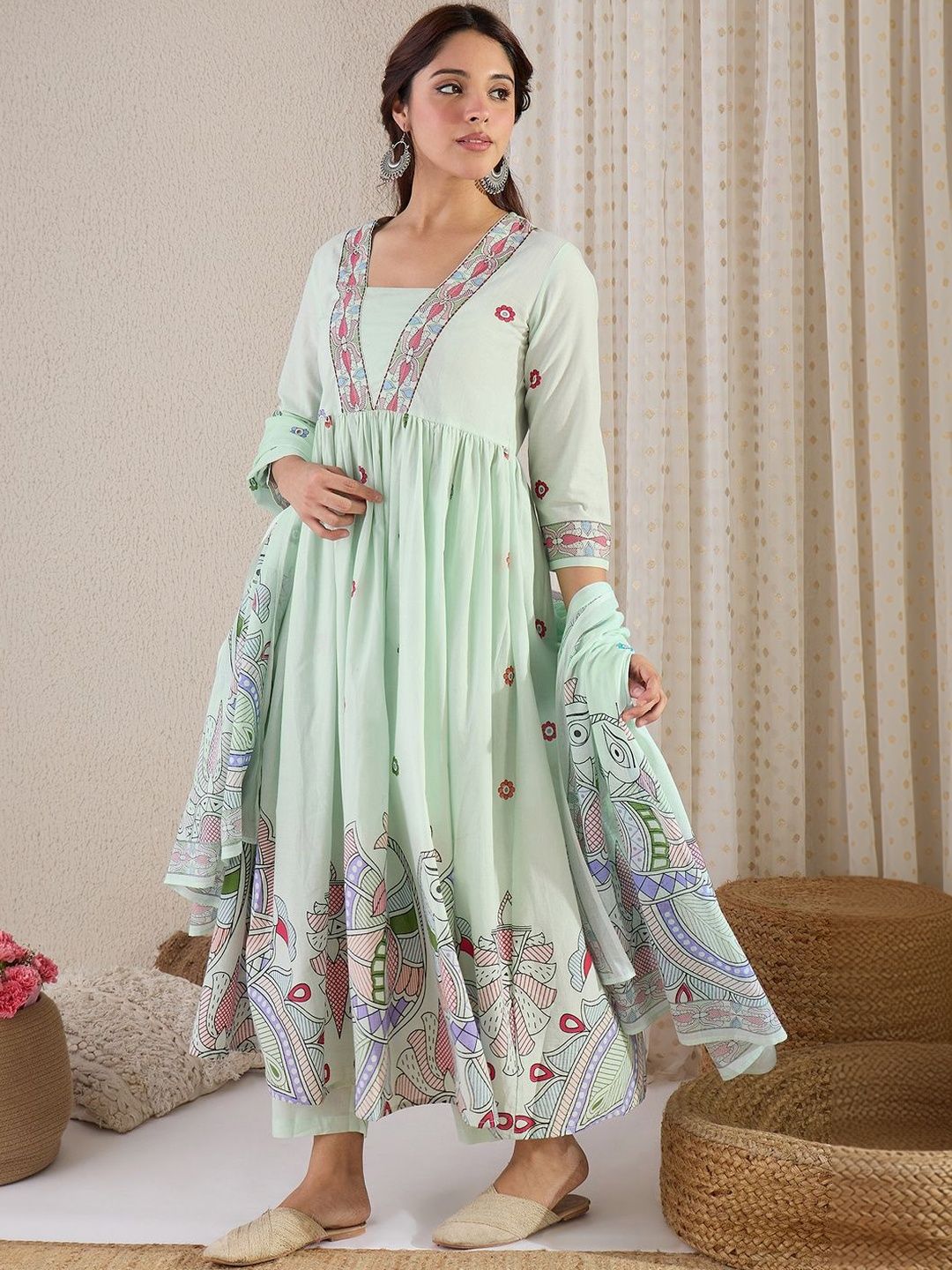 Dhiyona IE Women Ethnic Motifs Embroidered Panelled Thread Work Pure Cotton Kurta with Trousers & With Dupatta