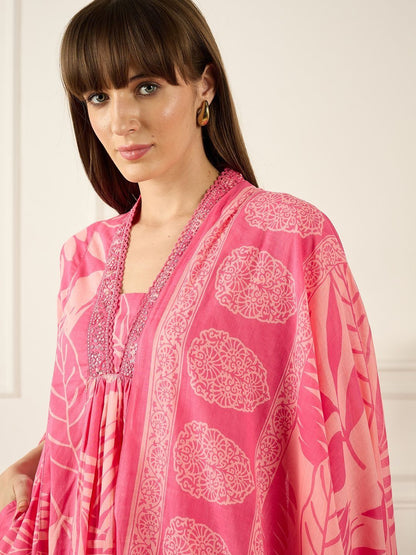 Floral Printed Thread Work Pure Cotton Kurta With Palazzos & Dupatta