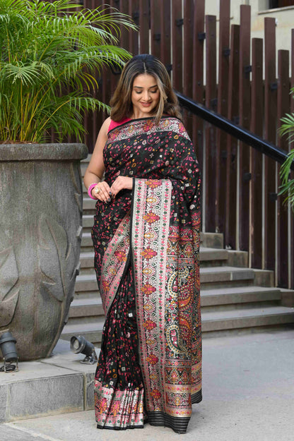 Dhiyona GR Women's Raaga Black Jamewar Kashmiri Soft Modal Silk Saree