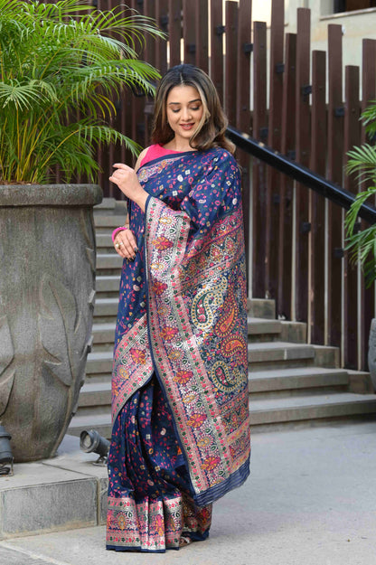 Dhiyona GR Women's Raaga Navy Blue Jamewar Kashmiri Soft Modal Silk Saree
