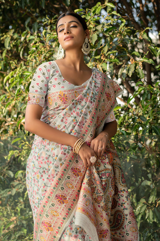 Dhiyona GR Women's Raaga Off-White Jamewar Kashmiri Soft Modal Silk Saree