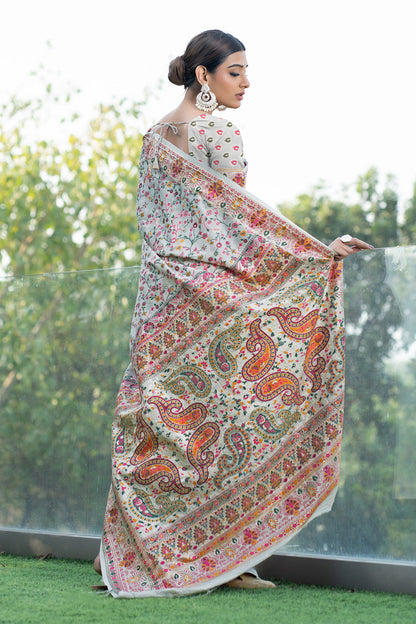 Dhiyona GR Women's Raaga Cloud White Jamewar Kashmiri Soft Modal Silk Saree