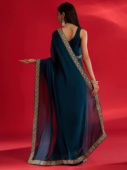 Women's Satin Blue Embellished Designer Saree With Blouse Piece