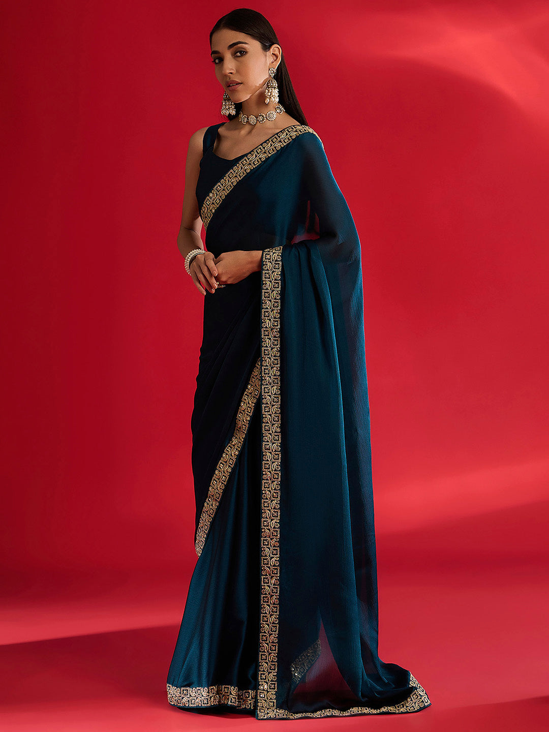 Women's Satin Blue Embellished Designer Saree With Blouse Piece