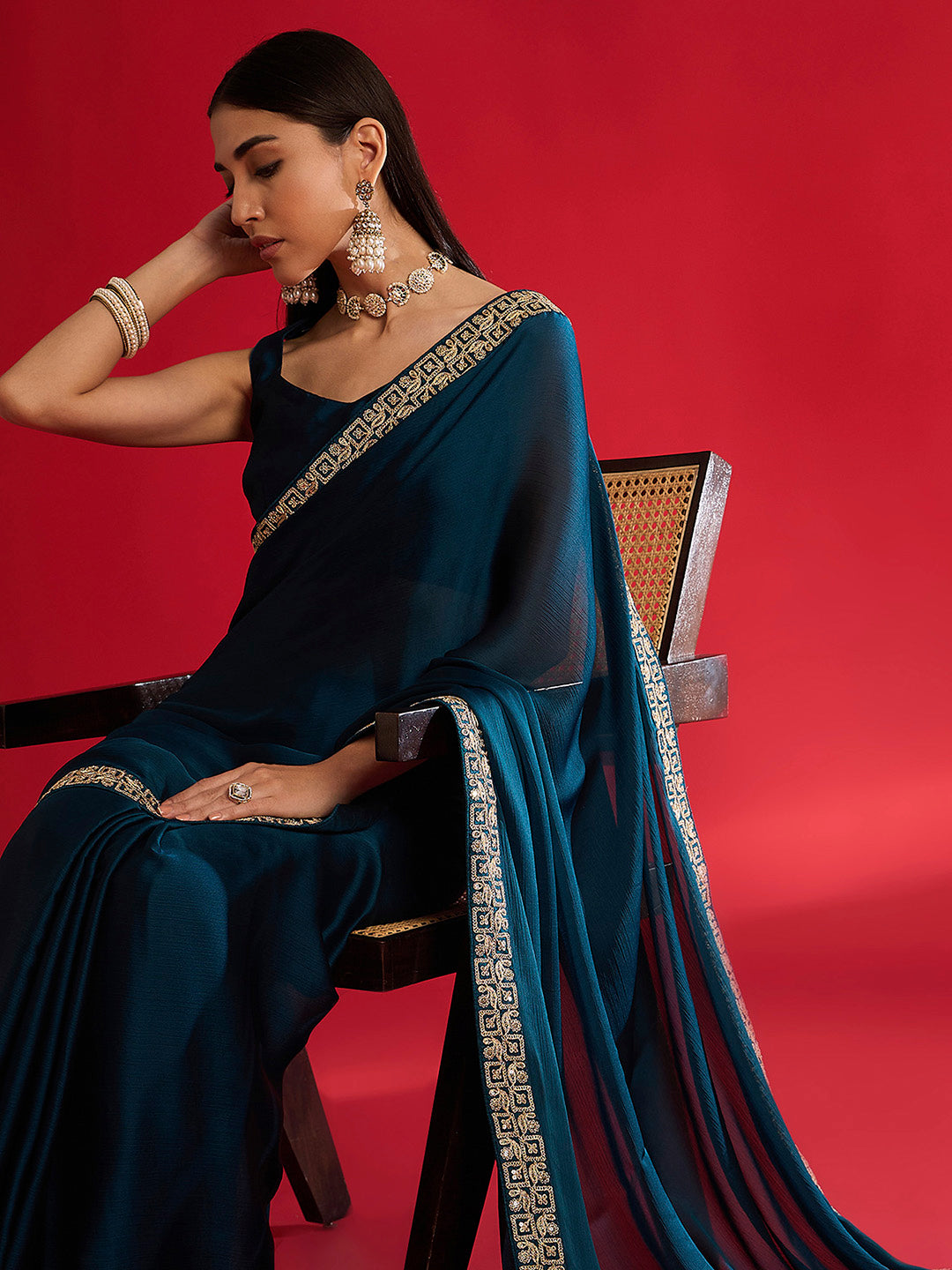 Women's Satin Blue Embellished Designer Saree With Blouse Piece