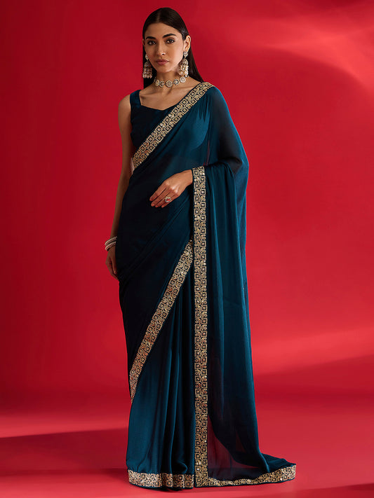 Women's Satin Blue Embellished Designer Saree With Blouse Piece