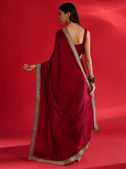 Women's Satin Maroon Embellished Designer Saree With Blouse Piece