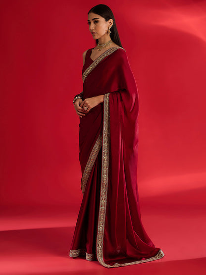 Women's Satin Maroon Embellished Designer Saree With Blouse Piece