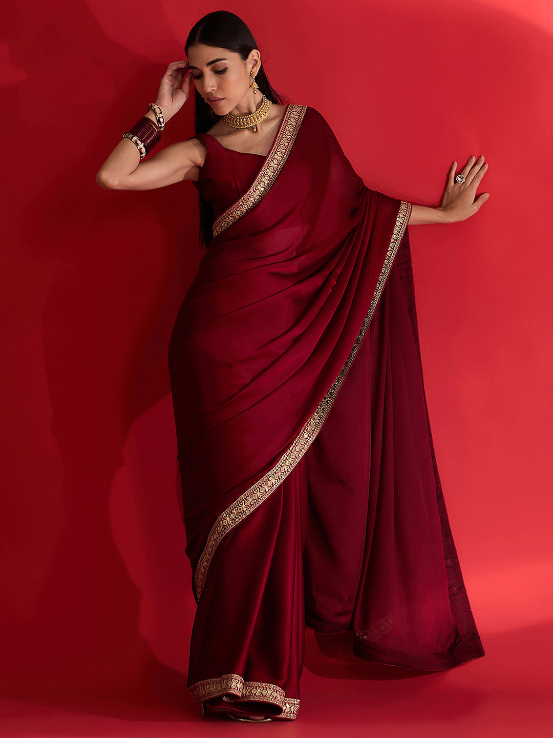 Women's Satin Maroon Embellished Designer Saree With Blouse Piece
