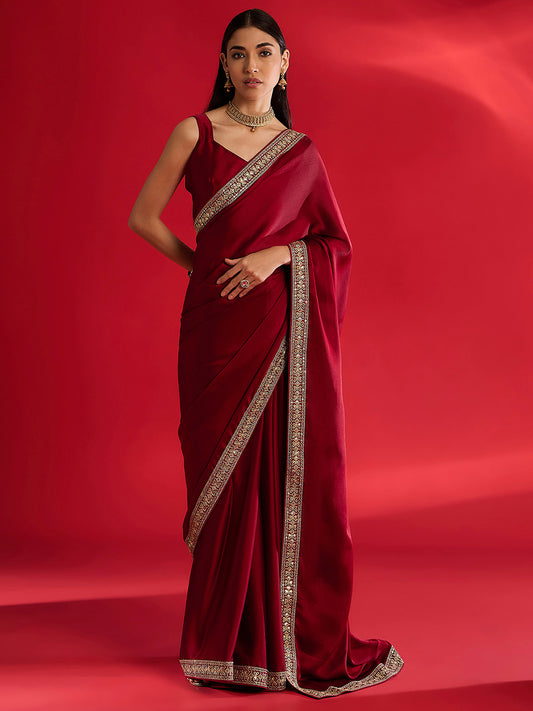 Women's Satin Maroon Embellished Designer Saree With Blouse Piece