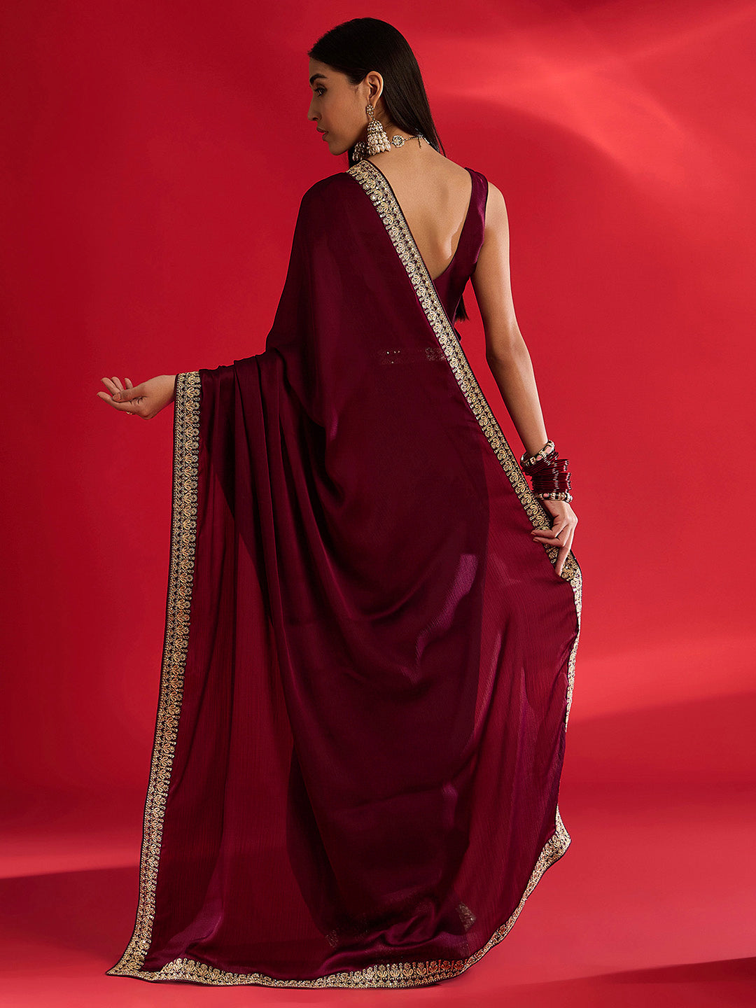 Women's Satin Magenta Embellished Designer Saree With Blouse Piece