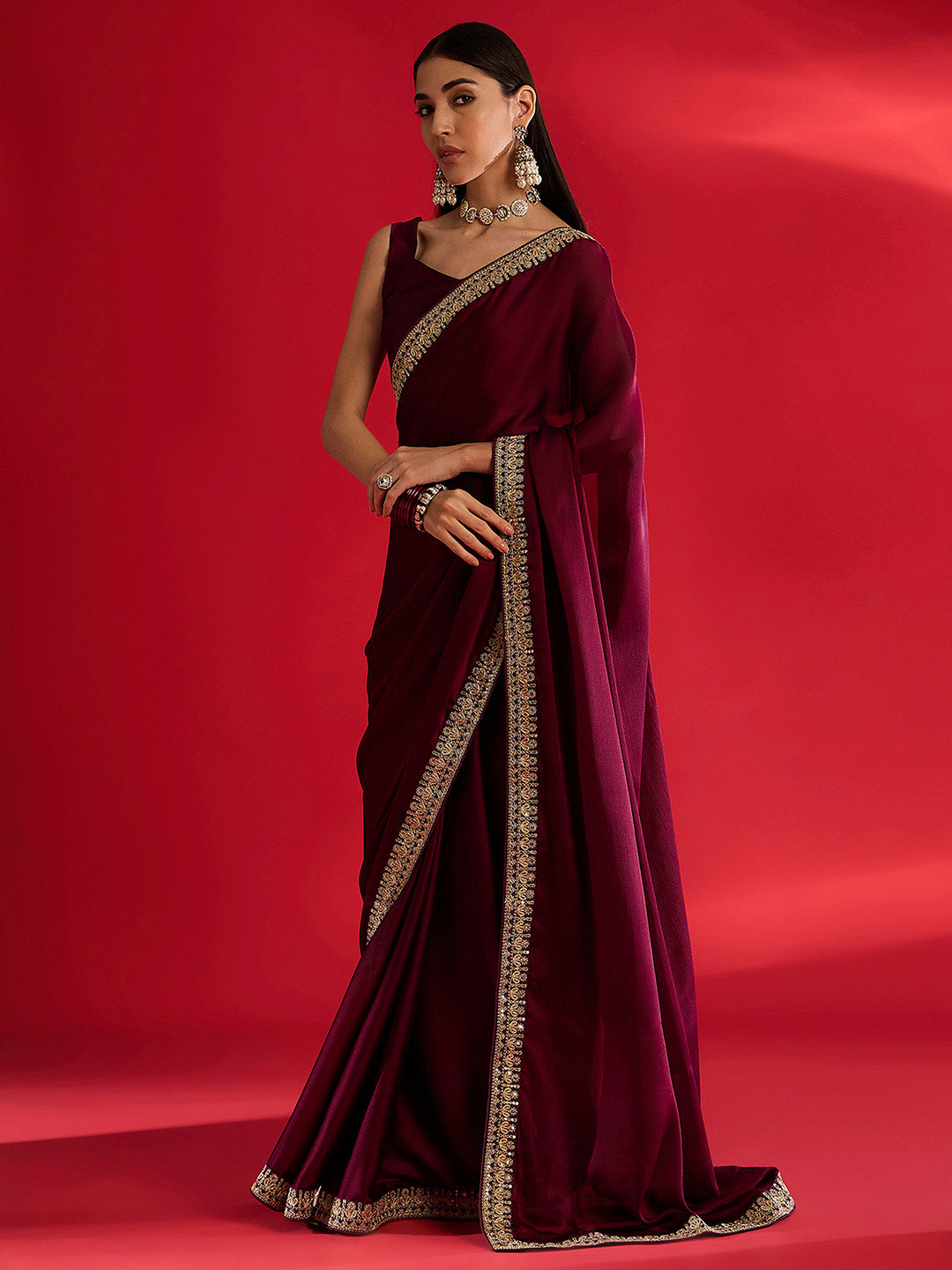 Women's Satin Magenta Embellished Designer Saree With Blouse Piece