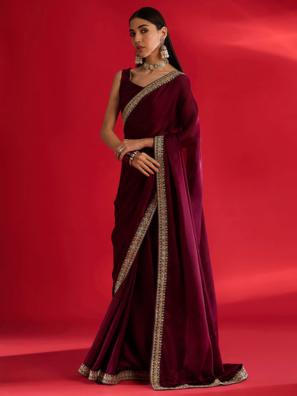 Women's Satin Magenta Embellished Designer Saree With Blouse Piece