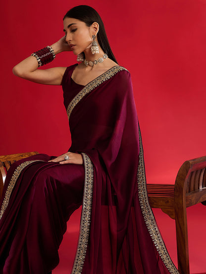 Women's Satin Magenta Embellished Designer Saree With Blouse Piece