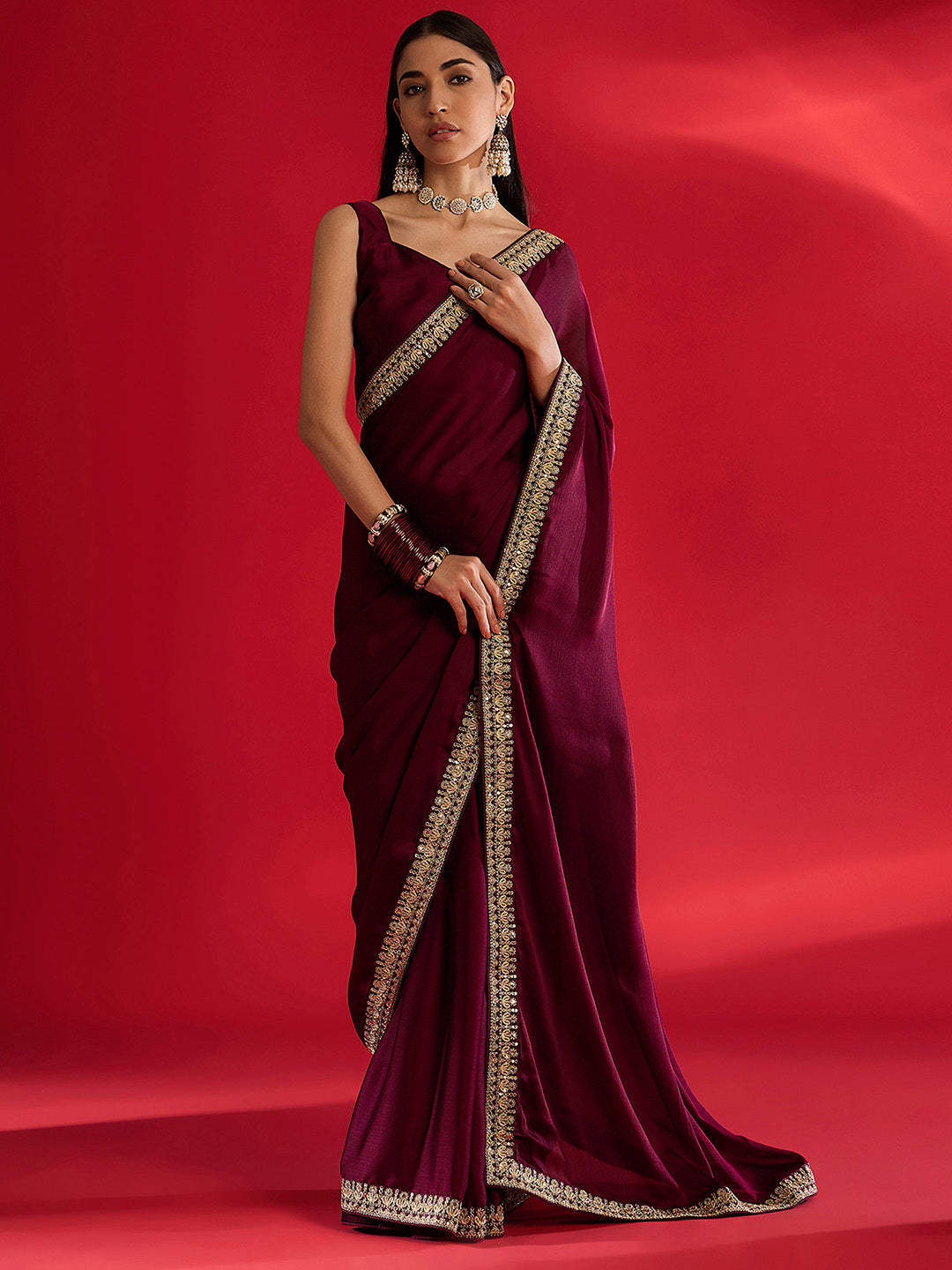 Women's Satin Magenta Embellished Designer Saree With Blouse Piece