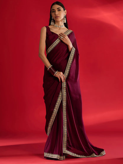 Women's Satin Magenta Embellished Designer Saree With Blouse Piece