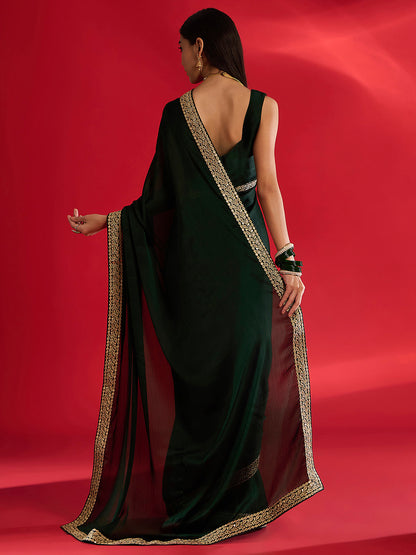 Women's Satin Dark Green Embellished Designer Saree With Blouse Piece