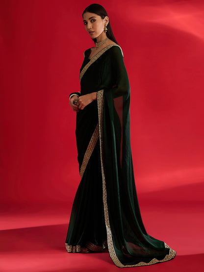 Women's Satin Dark Green Embellished Designer Saree With Blouse Piece