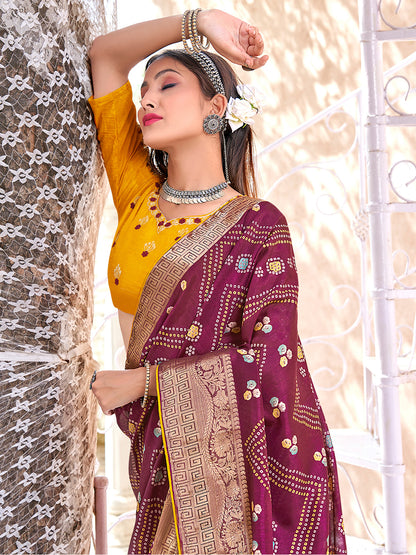 Women's Cotton Blend Magenta Printed Designer Saree With Blouse Piece