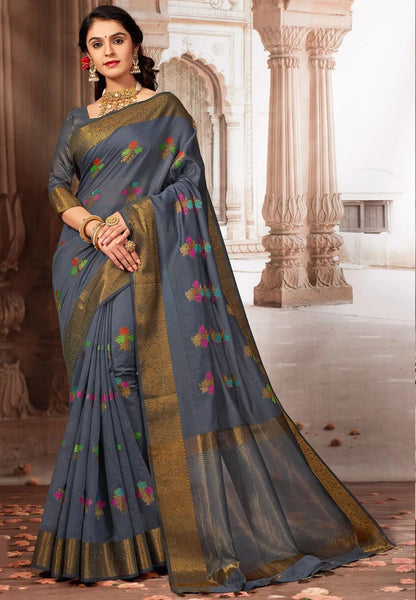 Dhiyona GR Women's Radhika Charcoal Grey Zari Woven Design Chanderi Cotton Saree