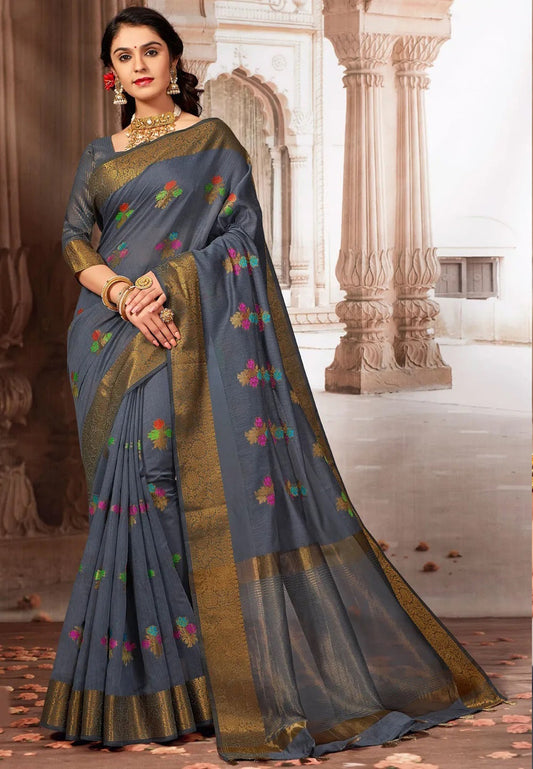 Dhiyona GR Women's Radhika Charcoal Grey Zari Woven Design Chanderi Cotton Saree