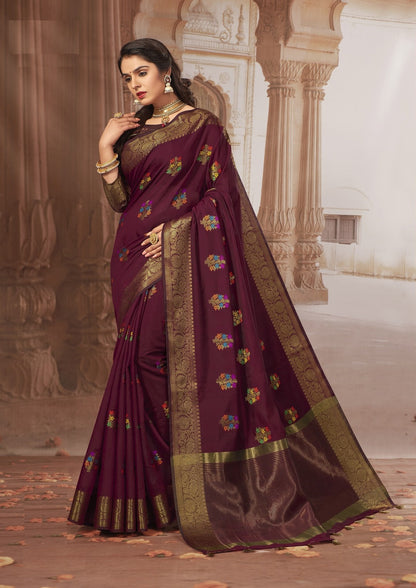 Dhiyona GR Women's Radhika Dark Chocolate Maroon Zari Woven Design Chanderi Cotton Saree