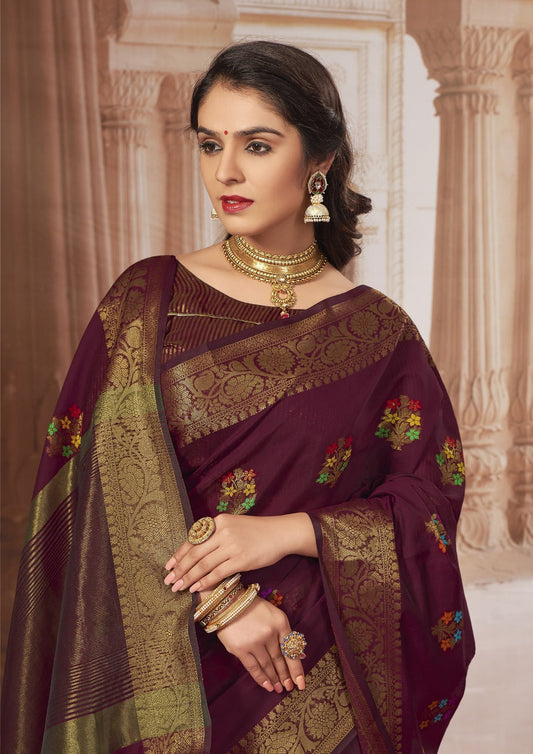 Dhiyona GR Women's Radhika Dark Chocolate Maroon Zari Woven Design Chanderi Cotton Saree