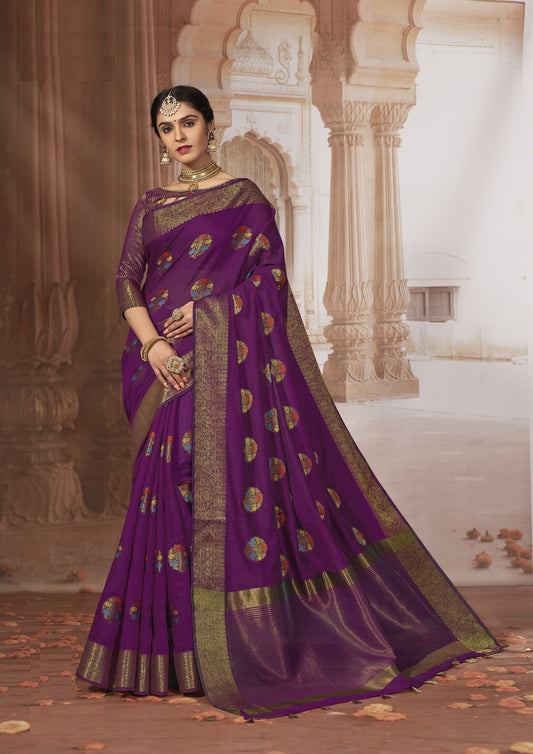 Dhiyona GR Women's Radhika Palatinate Purple Zari Woven Design Chanderi Cotton Saree