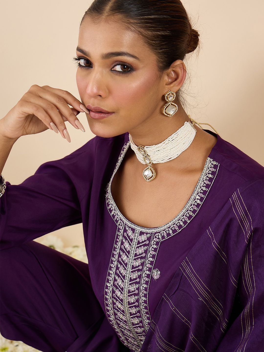 Women Ethnic Motifs Embroidered Regular Thread Work Kurta with Trousers & With Dupatta