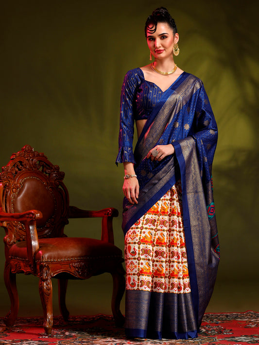Women's Dola Silk Blue Printed Designer Saree With Blouse Piece