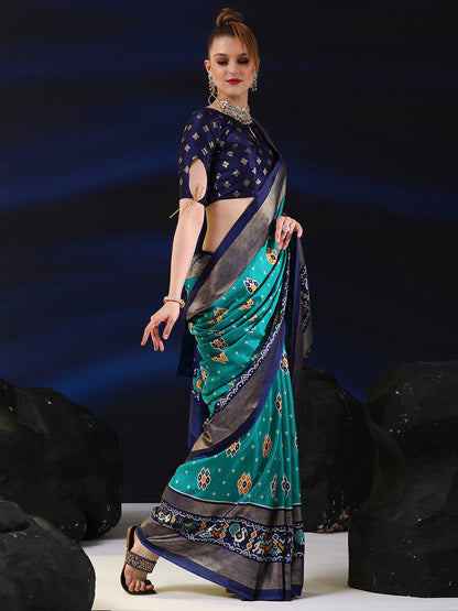 Women's Dola Silk Light Blue Printed Designer Saree With Blouse Piece