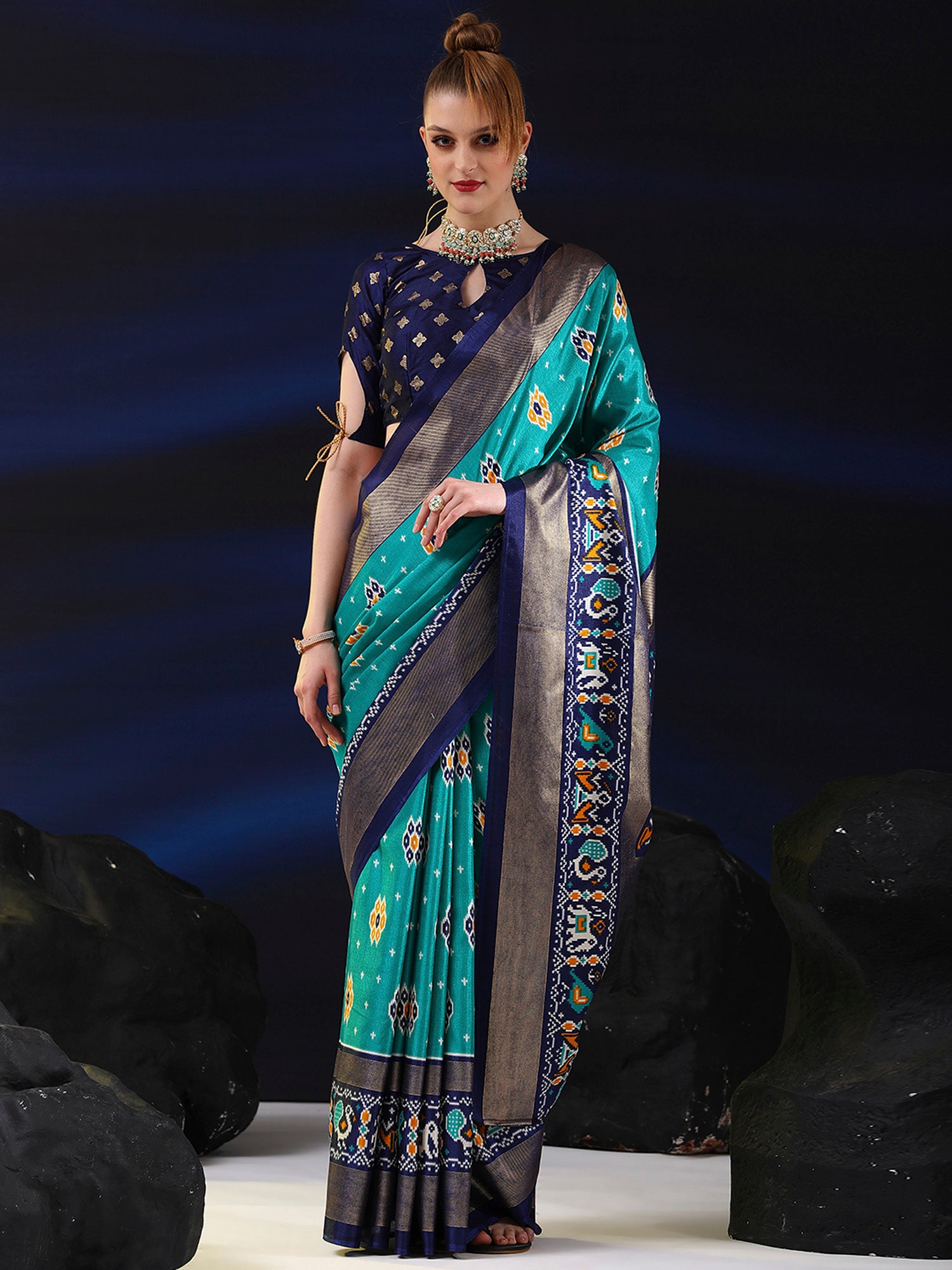 Women's Dola Silk Light Blue Printed Designer Saree With Blouse Piece