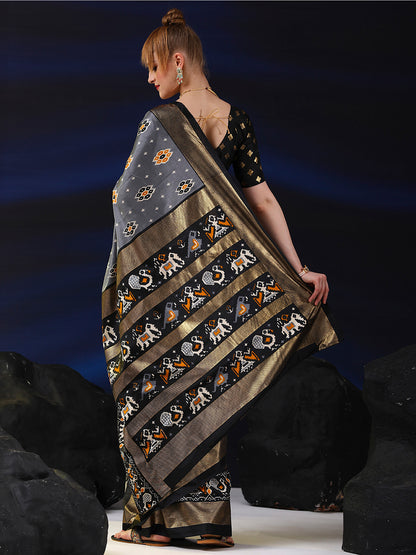 Women's Dola Silk Grey Printed Designer Saree With Blouse Piece