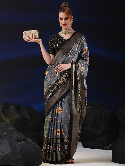 Women's Dola Silk Grey Printed Designer Saree With Blouse Piece