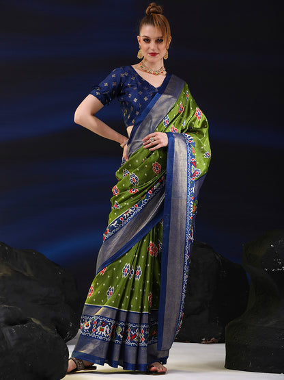 Women's Dola Silk Green Printed Designer Saree With Blouse Piece