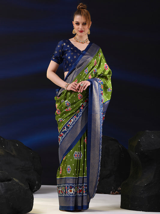 Women's Dola Silk Green Printed Designer Saree With Blouse Piece