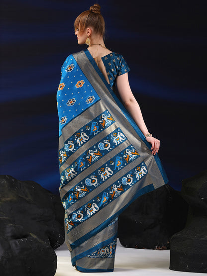 Women's Dola Silk Blue Printed Designer Saree With Blouse Piece