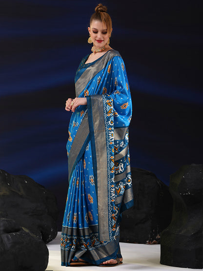 Women's Dola Silk Blue Printed Designer Saree With Blouse Piece