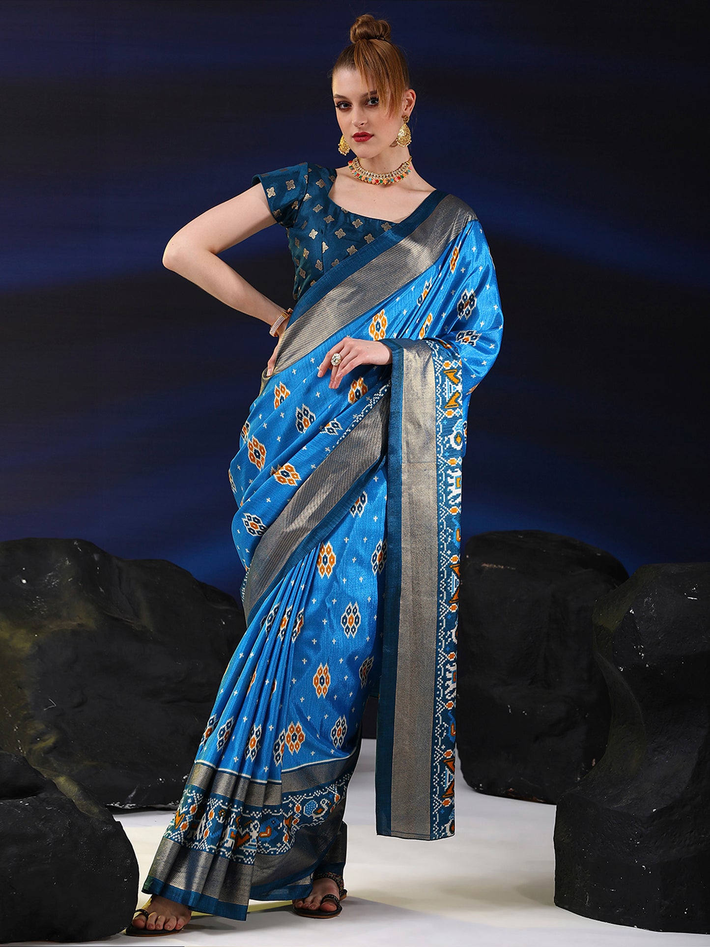 Women's Dola Silk Blue Printed Designer Saree With Blouse Piece