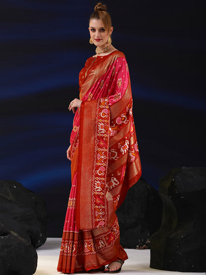 Women's Dola Silk Pink Printed Designer Saree With Blouse Piece