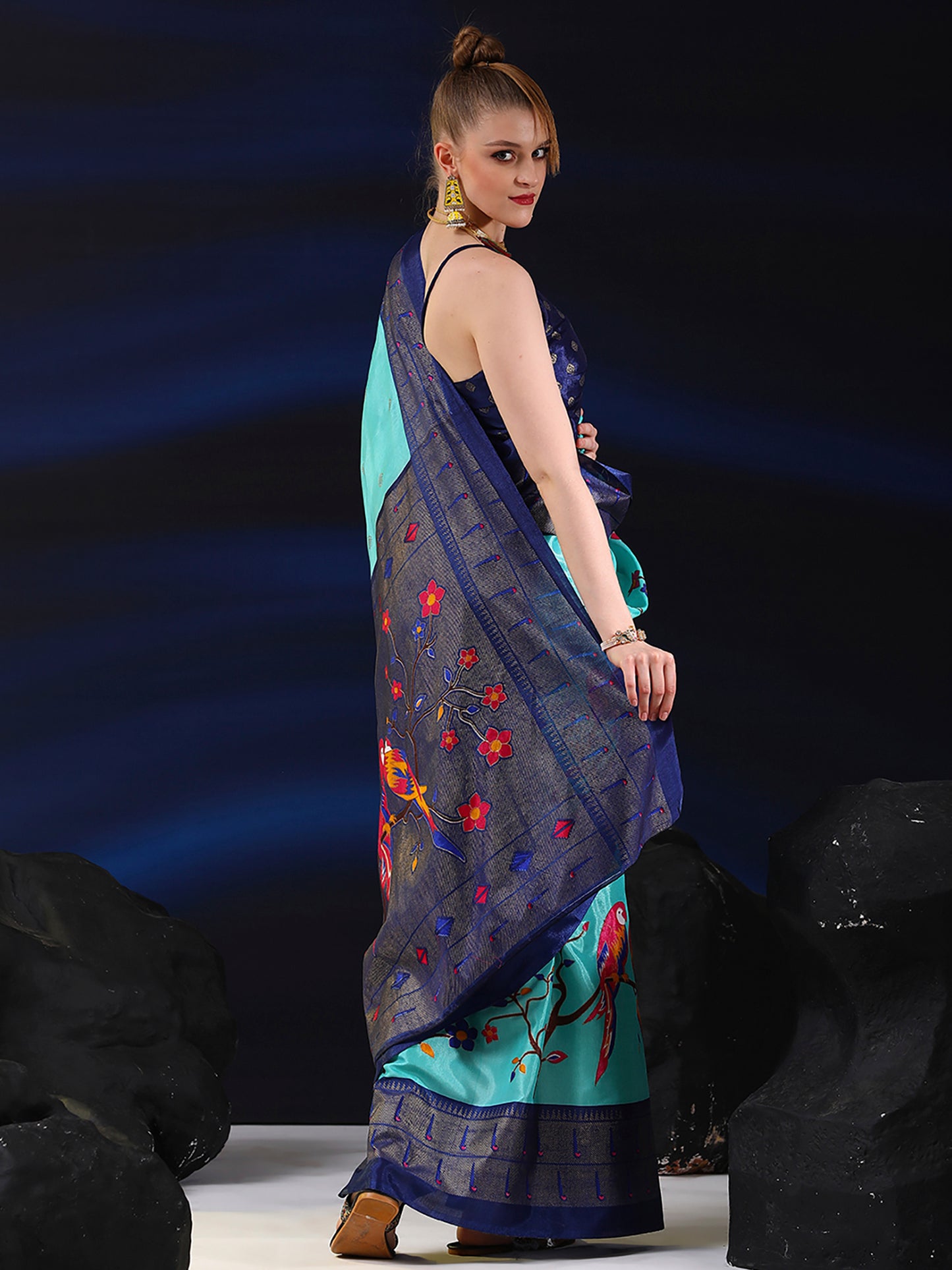 Women's Dola Silk Light Blue Printed Designer Saree With Blouse Piece